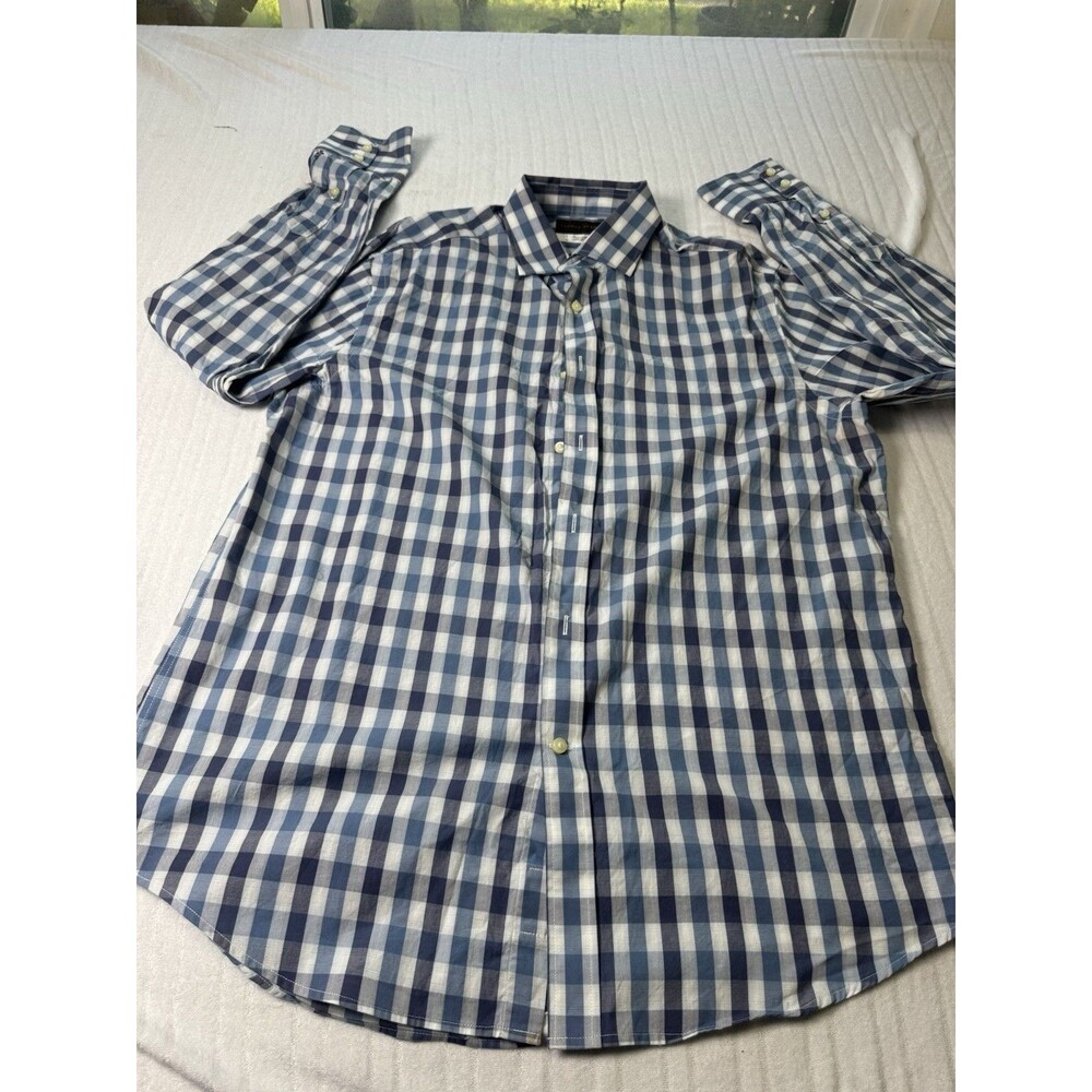 Thomas Dean Mens Shirt Large Blue White Gingham Plaid Long Sleeve Button Down L
